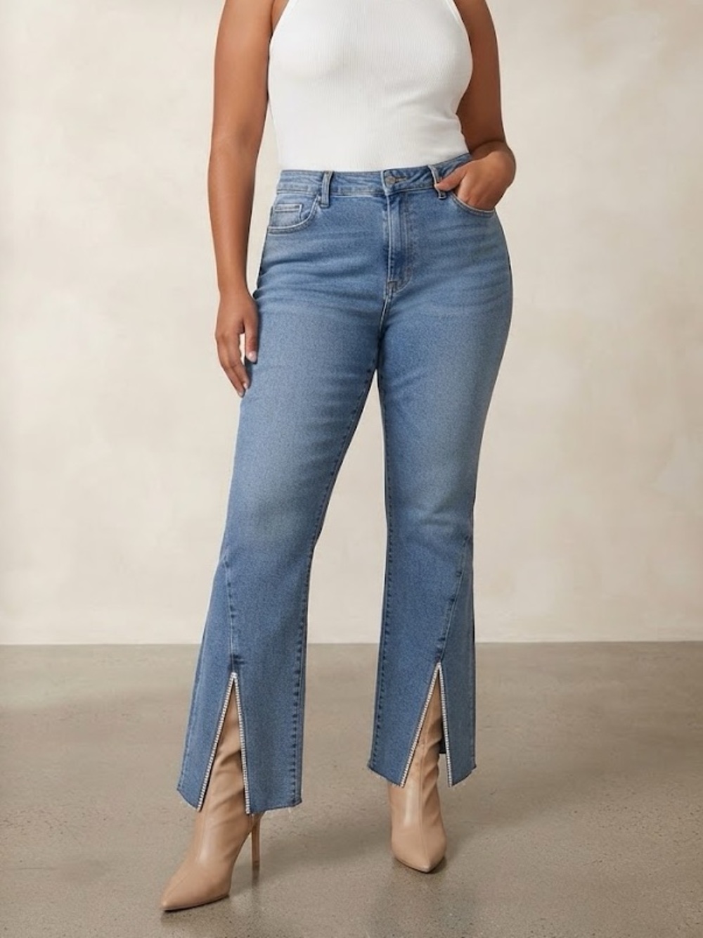 High-Rise Front-Slit Flare Jeans in Light Blue